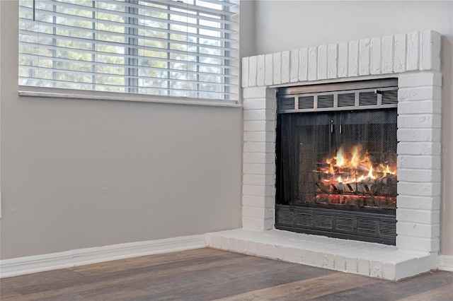 room details featuring a fireplace and hardwood / wood-style flooring