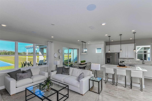 living room featuring light hardwood / wood-style floors and a textured ceiling