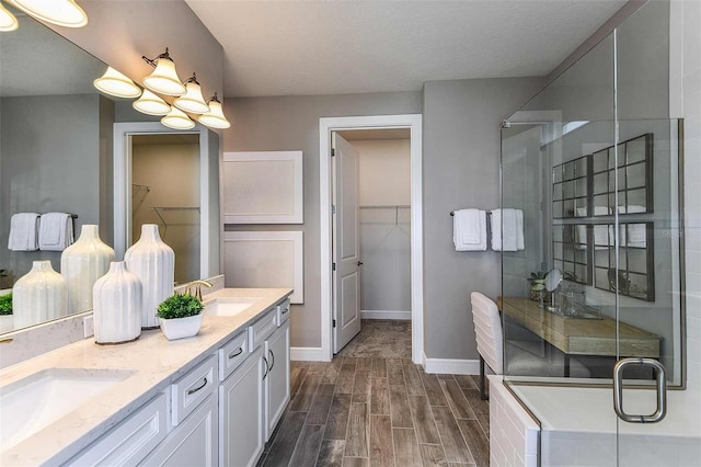 bathroom featuring vanity and a shower with door