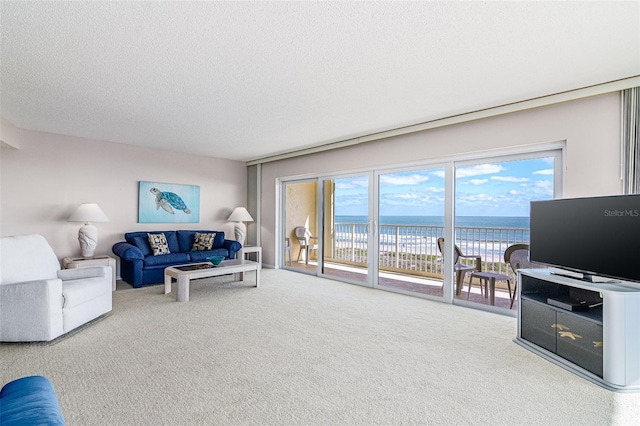 living room with carpet floors and a textured ceiling