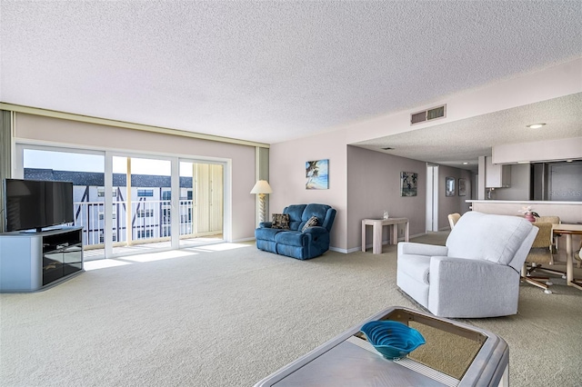 living room featuring carpet floors and a textured ceiling