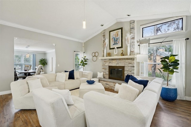 living room featuring dark hardwood / wood-style flooring, lofted ceiling, and plenty of natural light