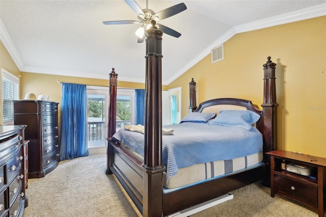 bedroom featuring ceiling fan, light colored carpet, vaulted ceiling, and ornamental molding