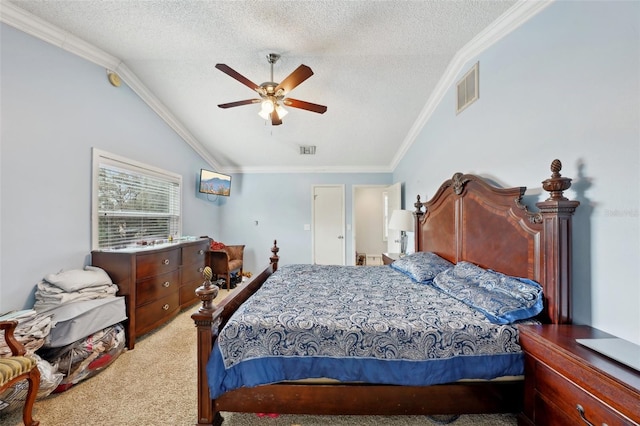 carpeted bedroom featuring vaulted ceiling, ceiling fan, ornamental molding, and a textured ceiling