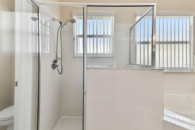 bathroom with a shower stall and toilet