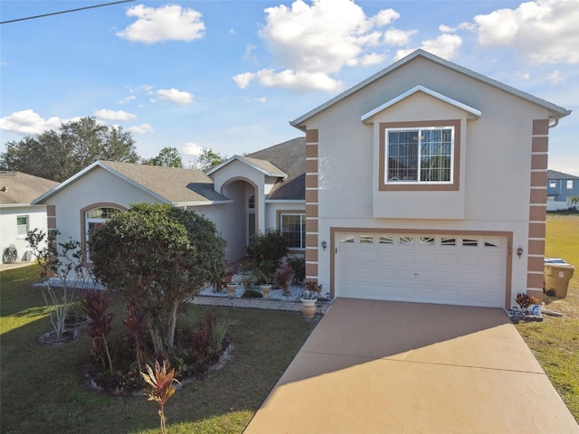 view of front of home with a front yard, roof with shingles, stucco siding, concrete driveway, and a garage