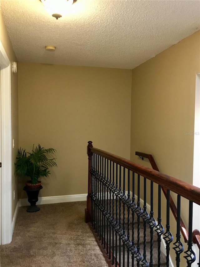 stairway with carpet and a textured ceiling