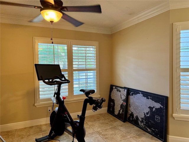 exercise area featuring ornamental molding, ceiling fan, and light tile patterned flooring