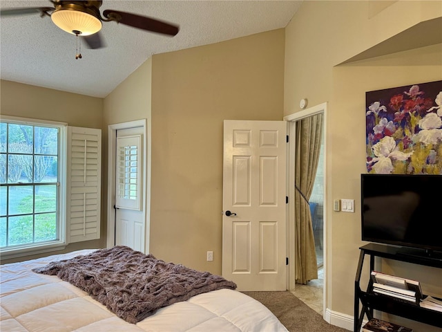 bedroom featuring ceiling fan, lofted ceiling, carpet, and a textured ceiling