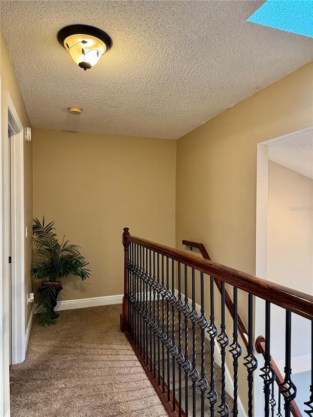 hall featuring carpet floors and a textured ceiling