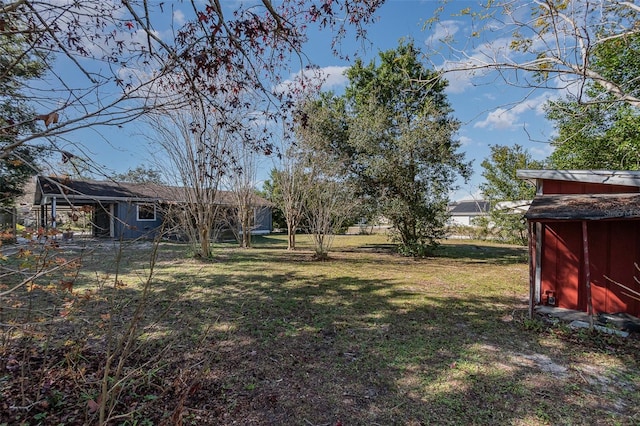 view of yard featuring a storage unit