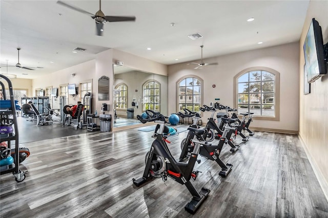 workout area featuring ceiling fan and hardwood / wood-style floors