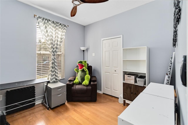 office featuring ceiling fan and light hardwood / wood-style flooring