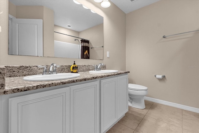 bathroom with toilet, tile patterned flooring, vanity, and a shower with curtain