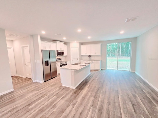 kitchen with sink, stainless steel appliances, white cabinetry, and a kitchen island with sink