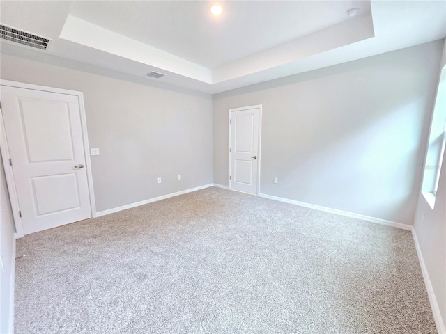 carpeted spare room featuring a tray ceiling