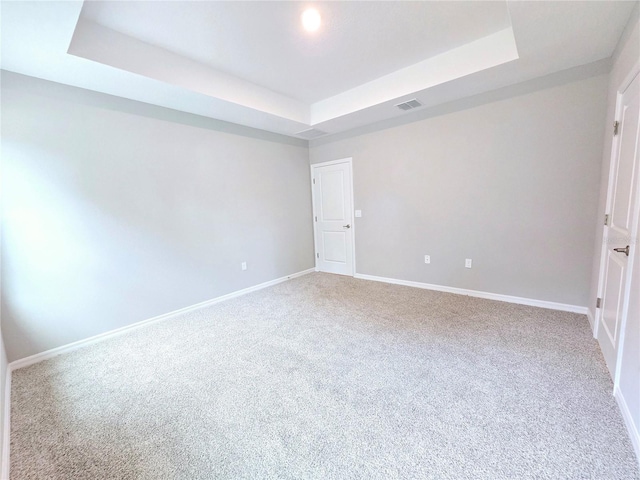 unfurnished room with carpet and a tray ceiling