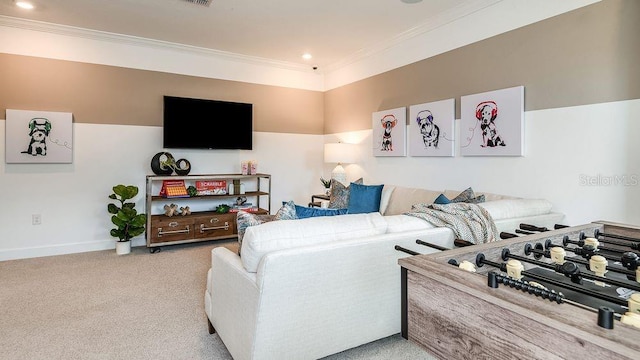 living room featuring crown molding and light colored carpet