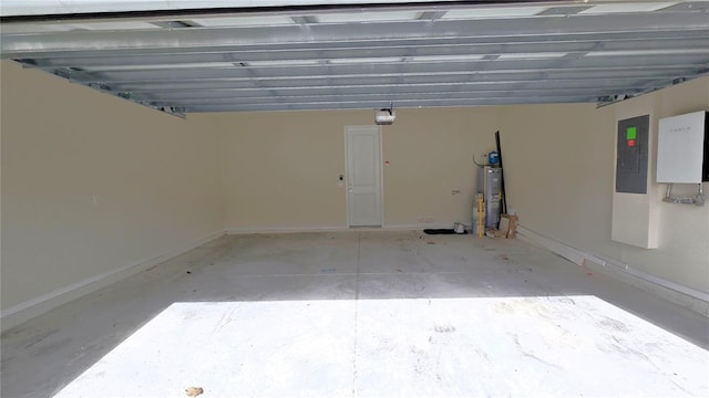 garage with electric water heater, a garage door opener, and electric panel