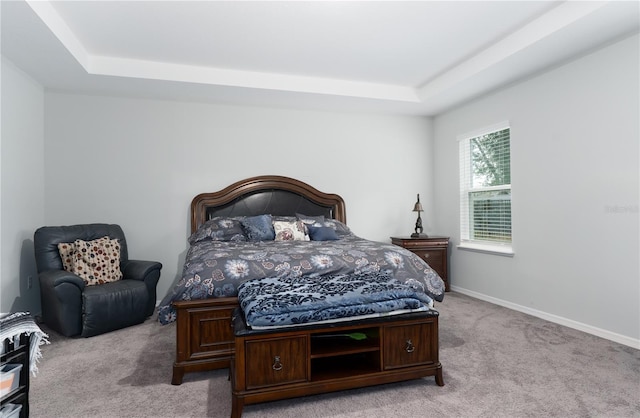 bedroom with a raised ceiling and light colored carpet