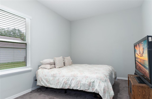 bedroom featuring dark colored carpet