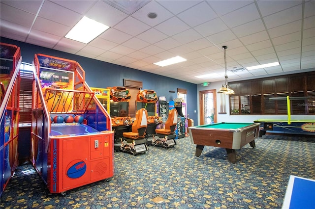 recreation room featuring a paneled ceiling, carpet, and pool table