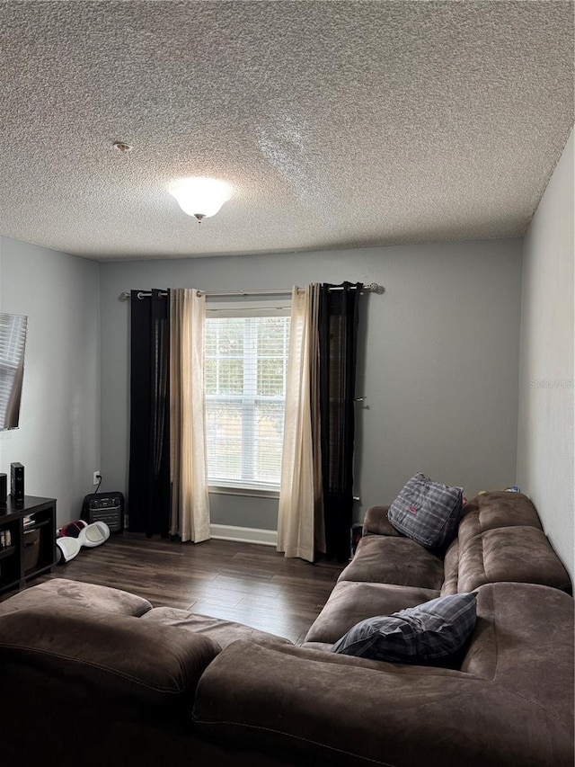 living room with dark hardwood / wood-style flooring and a textured ceiling