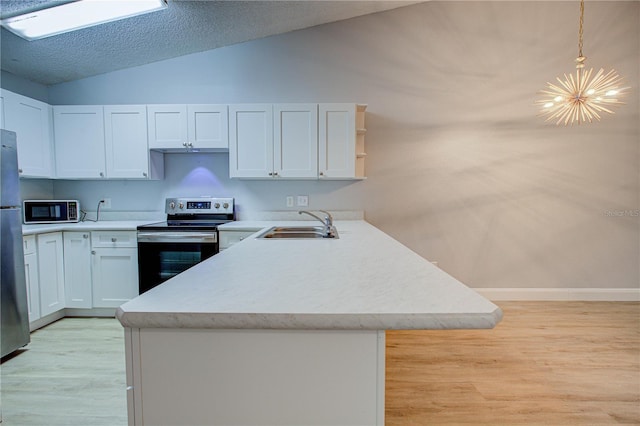 kitchen with decorative light fixtures, white cabinets, appliances with stainless steel finishes, and kitchen peninsula