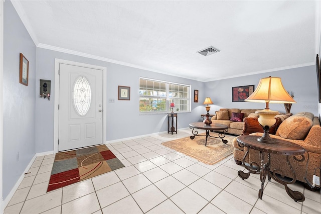 tiled living room featuring ornamental molding