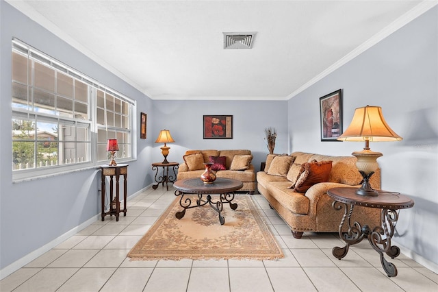 tiled living room with ornamental molding