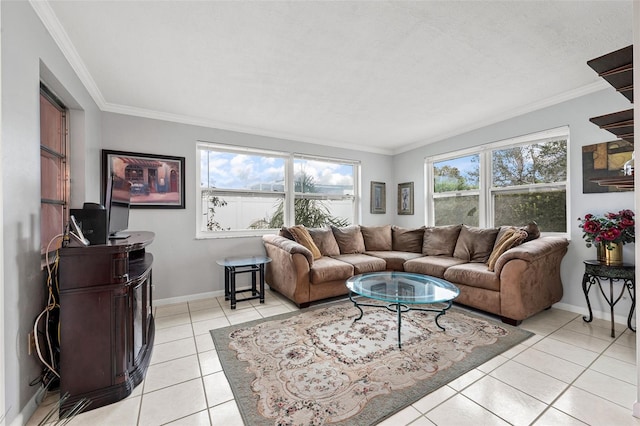 living room featuring ornamental molding and light tile patterned floors