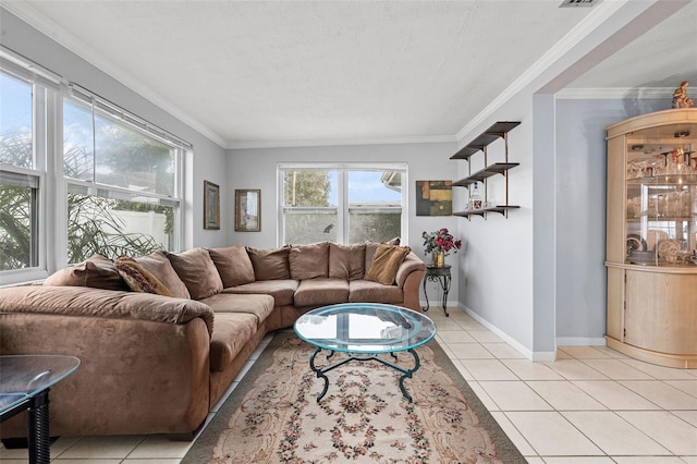 living room with light tile patterned flooring and crown molding