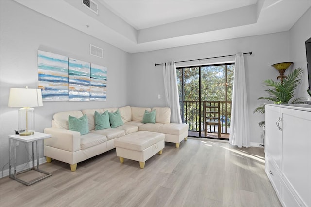 living room featuring light wood-type flooring and a raised ceiling