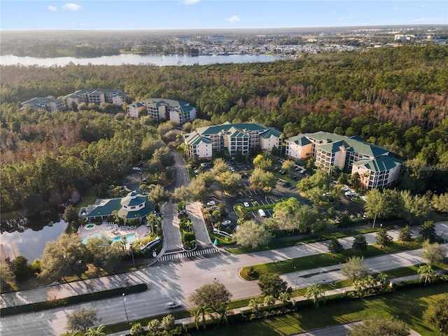 drone / aerial view with a water view