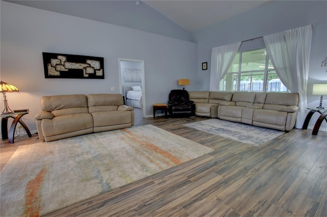 living room featuring vaulted ceiling and hardwood / wood-style floors