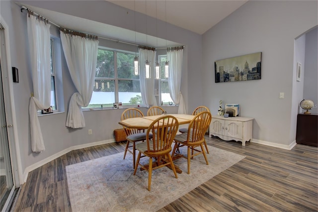 dining room with vaulted ceiling and dark hardwood / wood-style floors