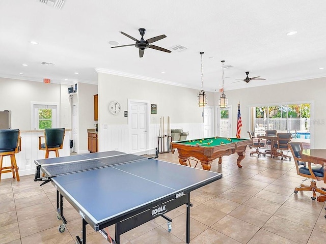 playroom with crown molding, pool table, ceiling fan, and light tile patterned floors