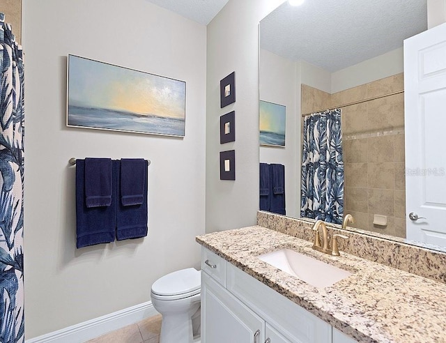 bathroom featuring tile patterned flooring, a shower with shower curtain, vanity, a textured ceiling, and toilet