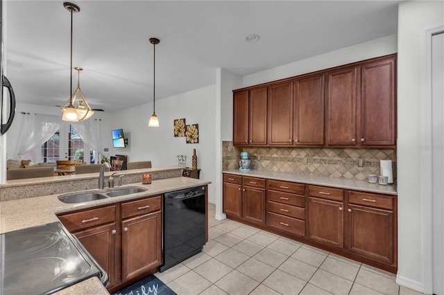 kitchen featuring pendant lighting, black dishwasher, decorative backsplash, sink, and light tile patterned floors