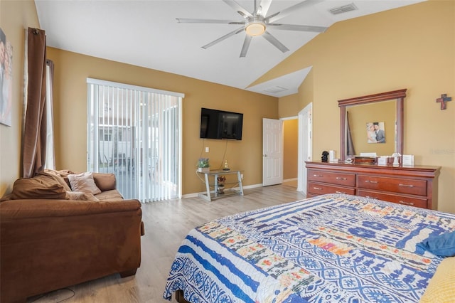 bedroom with lofted ceiling, ceiling fan, light hardwood / wood-style flooring, and access to exterior