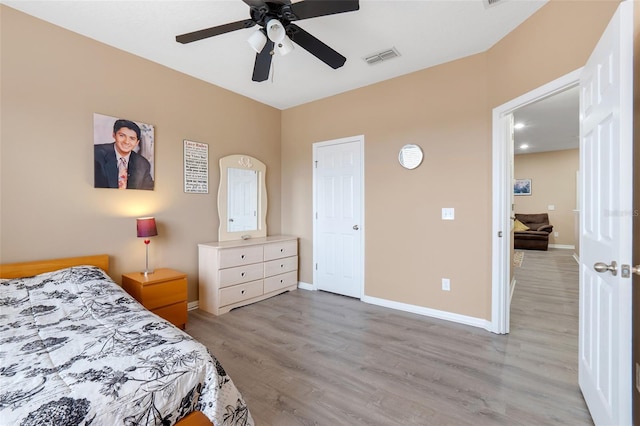 bedroom with ceiling fan and light wood-type flooring