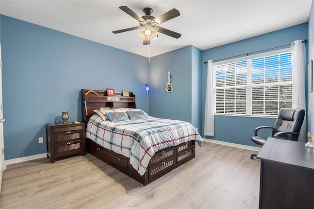 bedroom featuring ceiling fan and light wood-type flooring