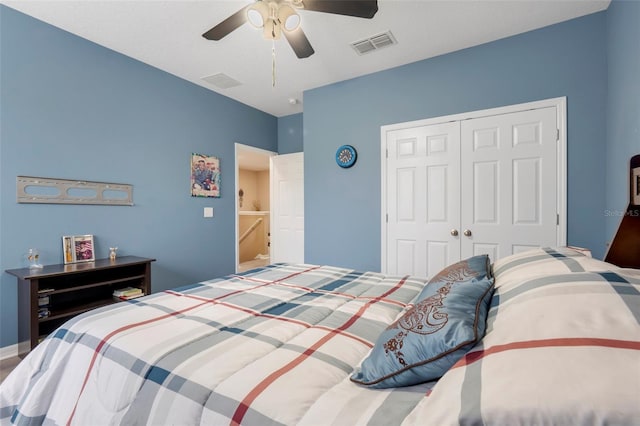 bedroom featuring ceiling fan and a closet