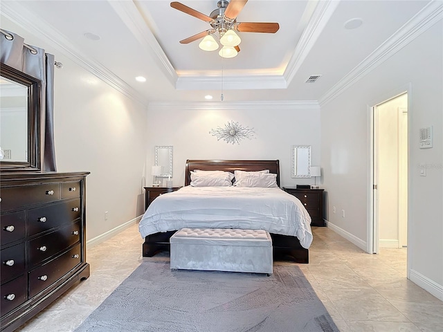 bedroom with a raised ceiling, ceiling fan, and ornamental molding