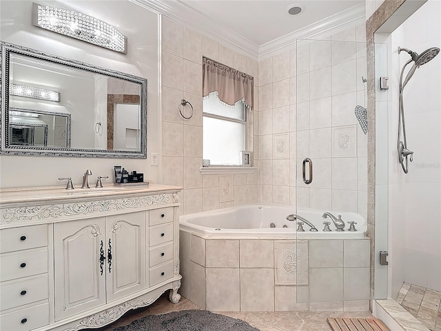 bathroom with plus walk in shower and tile walls