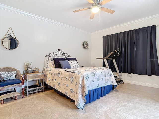 bedroom featuring ceiling fan and ornamental molding