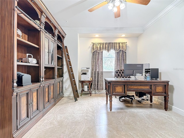 office with ceiling fan and crown molding