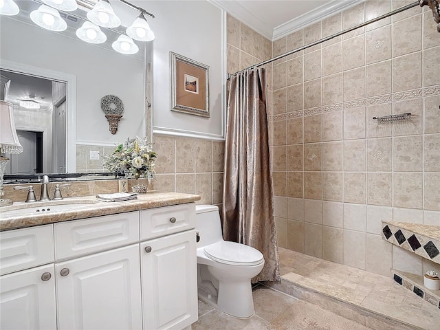 bathroom with toilet, a shower with shower curtain, ornamental molding, and tile walls