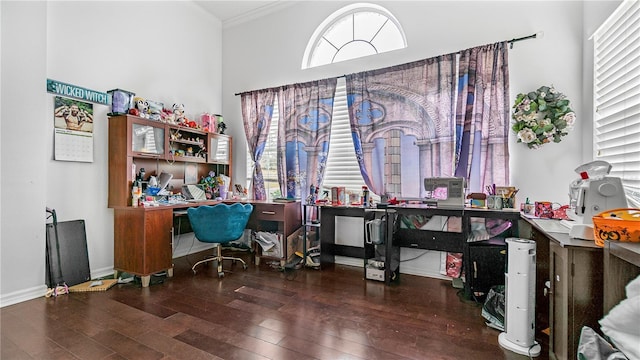 office area with dark hardwood / wood-style floors, ornamental molding, a towering ceiling, and a healthy amount of sunlight