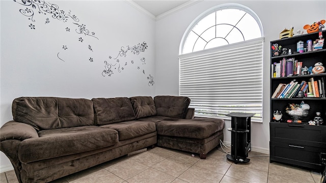 tiled living room featuring crown molding